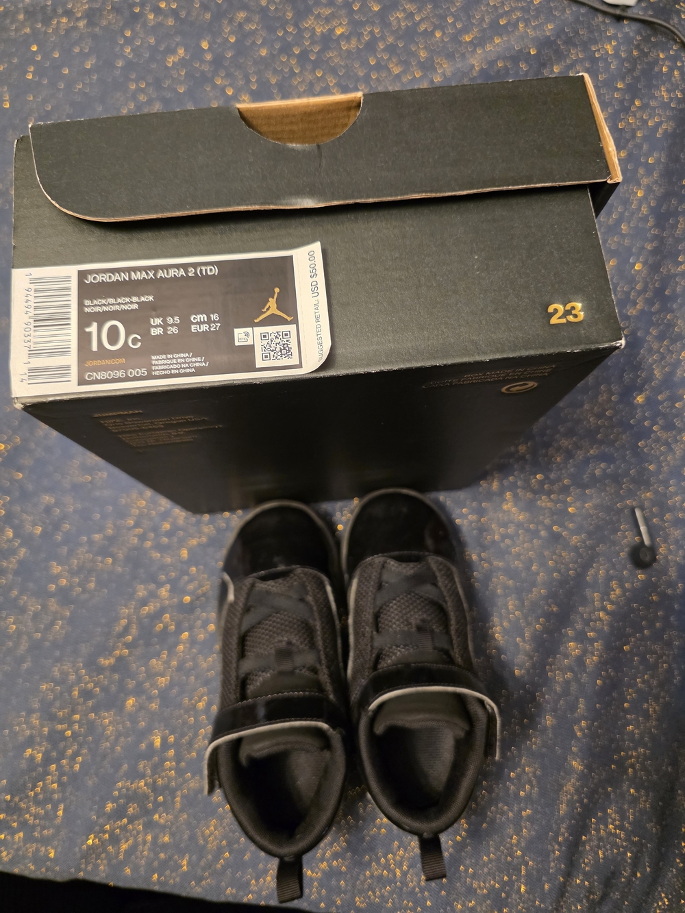 Jordan Black Kids Sneakers with Hook-and-Loop Strap
